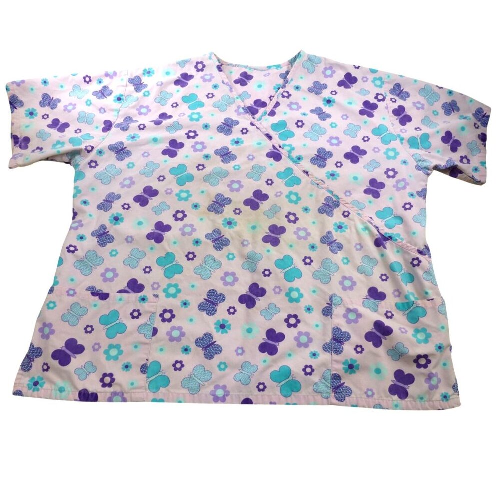 Butterfly & Floral Print‎ V-Neck 2XL Scrub Top With Pockets - Pastel Colors